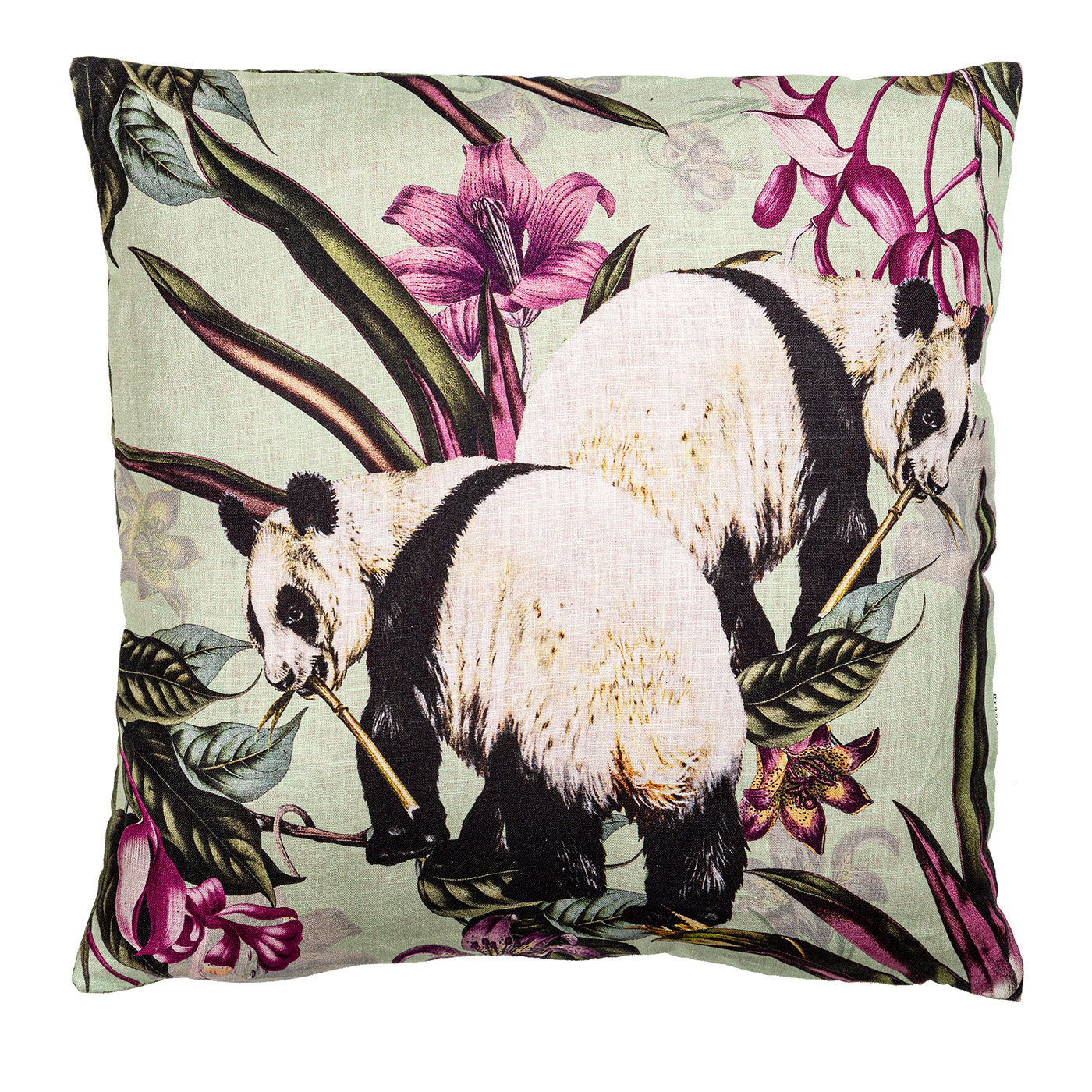 Animalia Linen Cushion With Pandas And Purple Flowers - Main view