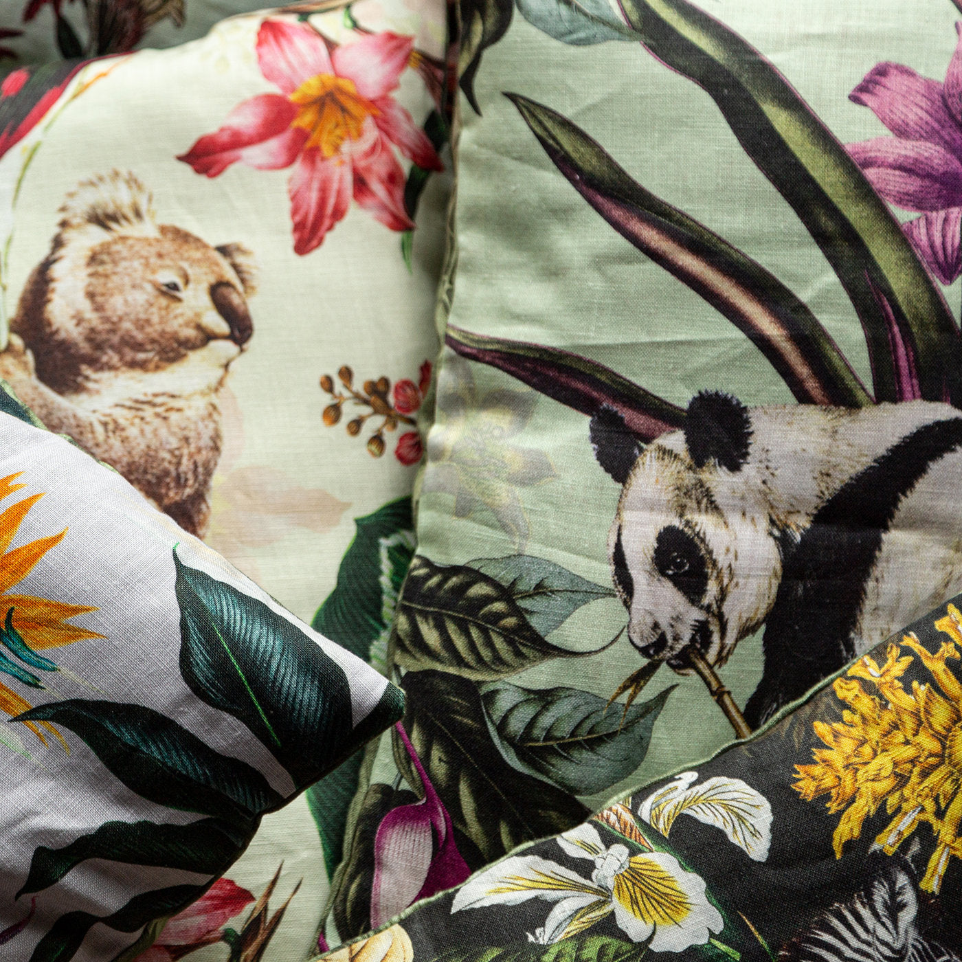Animalia Linen Cushion With Pandas And Purple Flowers - Alternative view 2