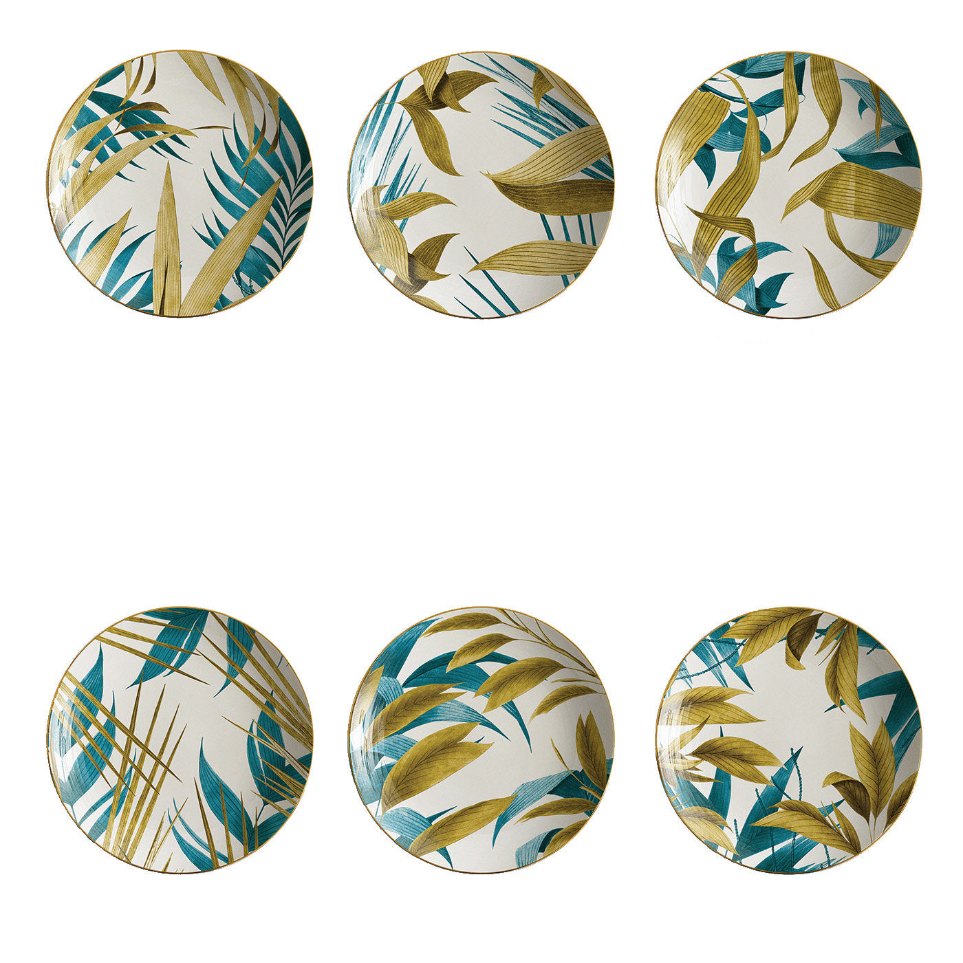 Las Palmas 6er-Set Porzellan-Suppenteller mit blau/gelben Palmenblättern - Hauptansicht