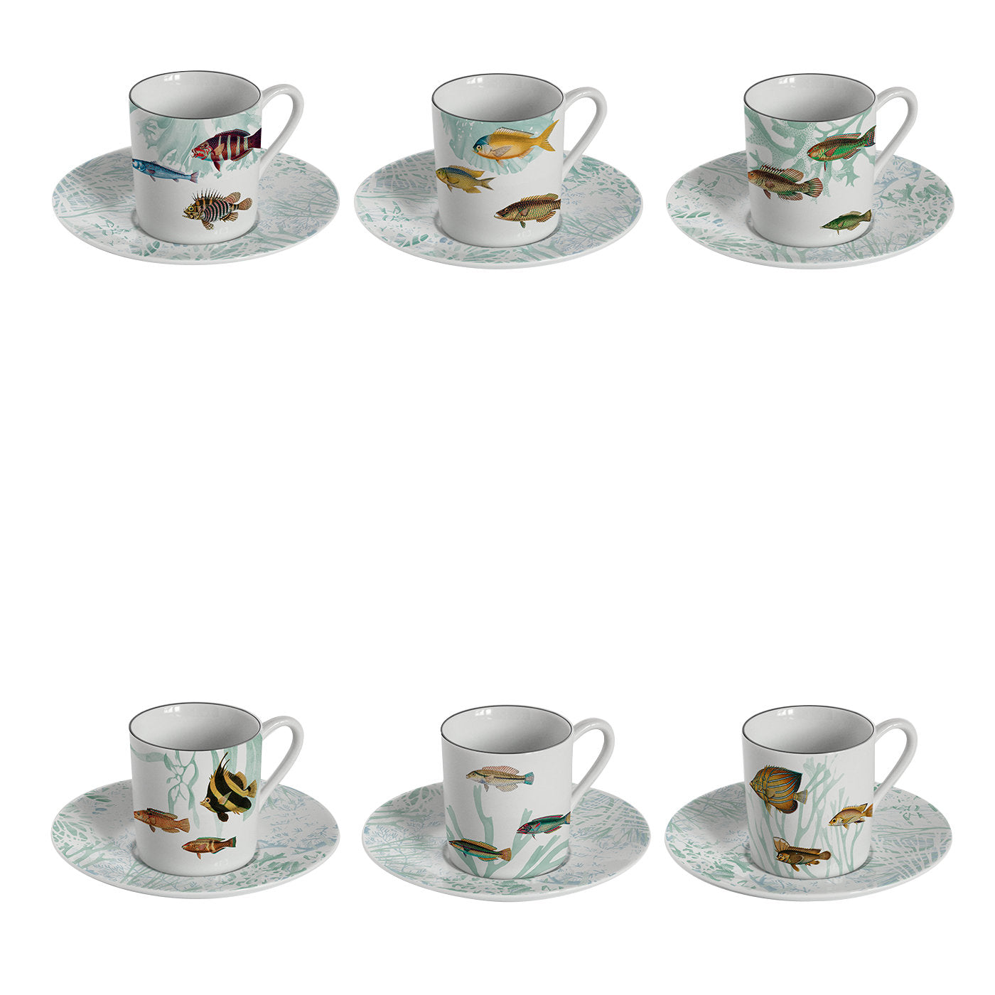 Amami Set Of 6 Porcelain Espresso Cups With Tropical Fish - Main view