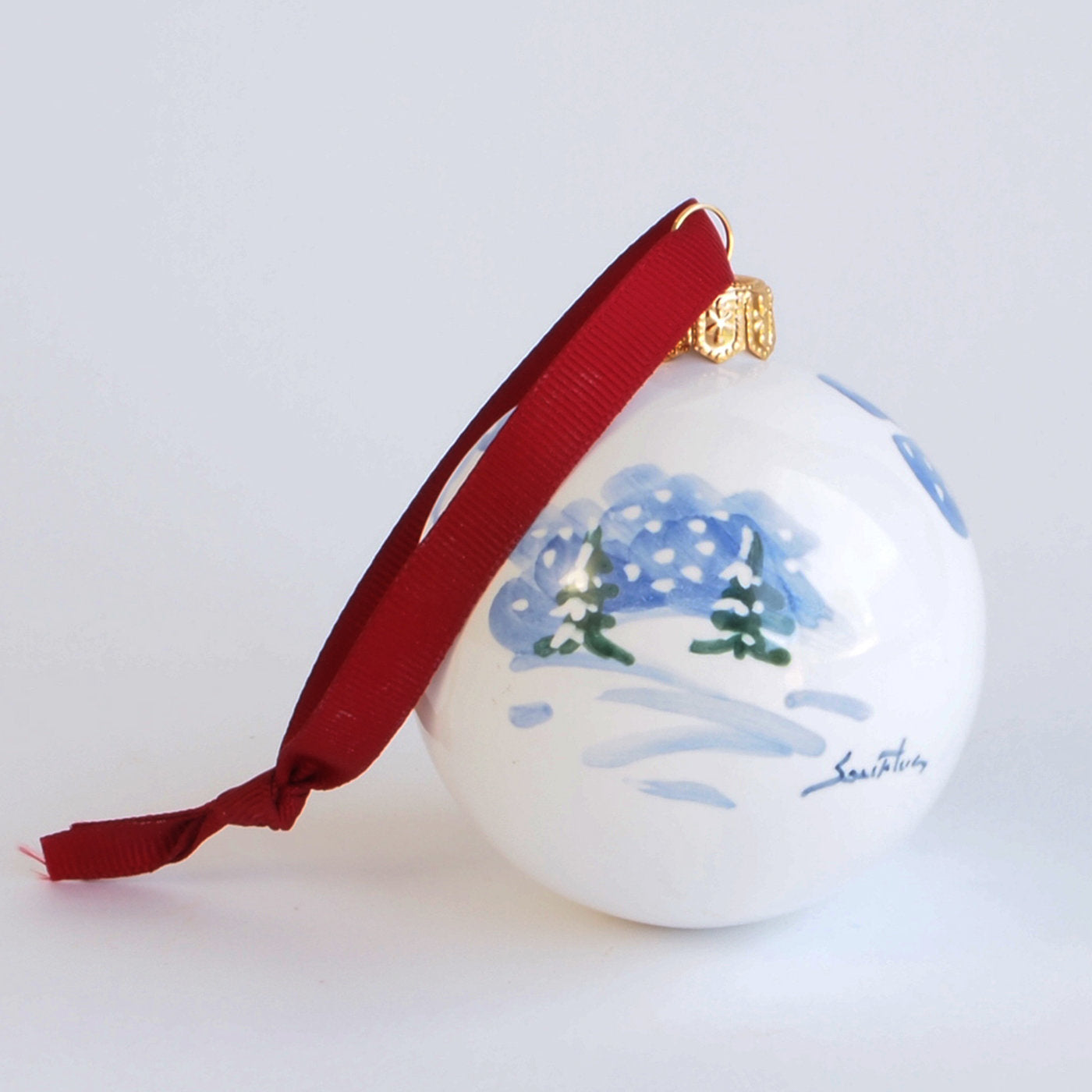 Blue Winter Christmas Ball Ornament with Red Ribbon - Alternative view 1