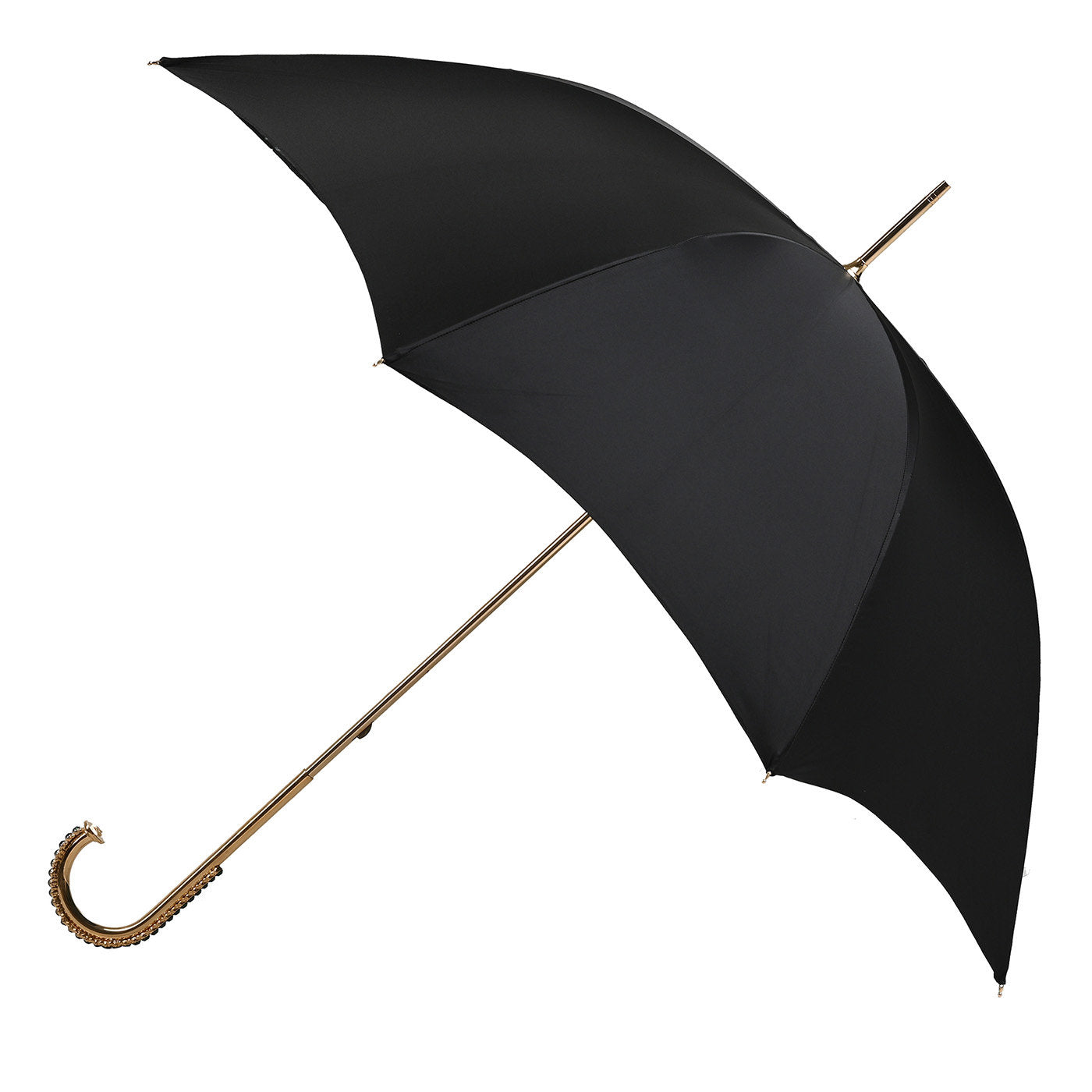 Schwarzer Pfauenblätter-Regenschirm mit juwelenbesetztem Griff - Hauptansicht