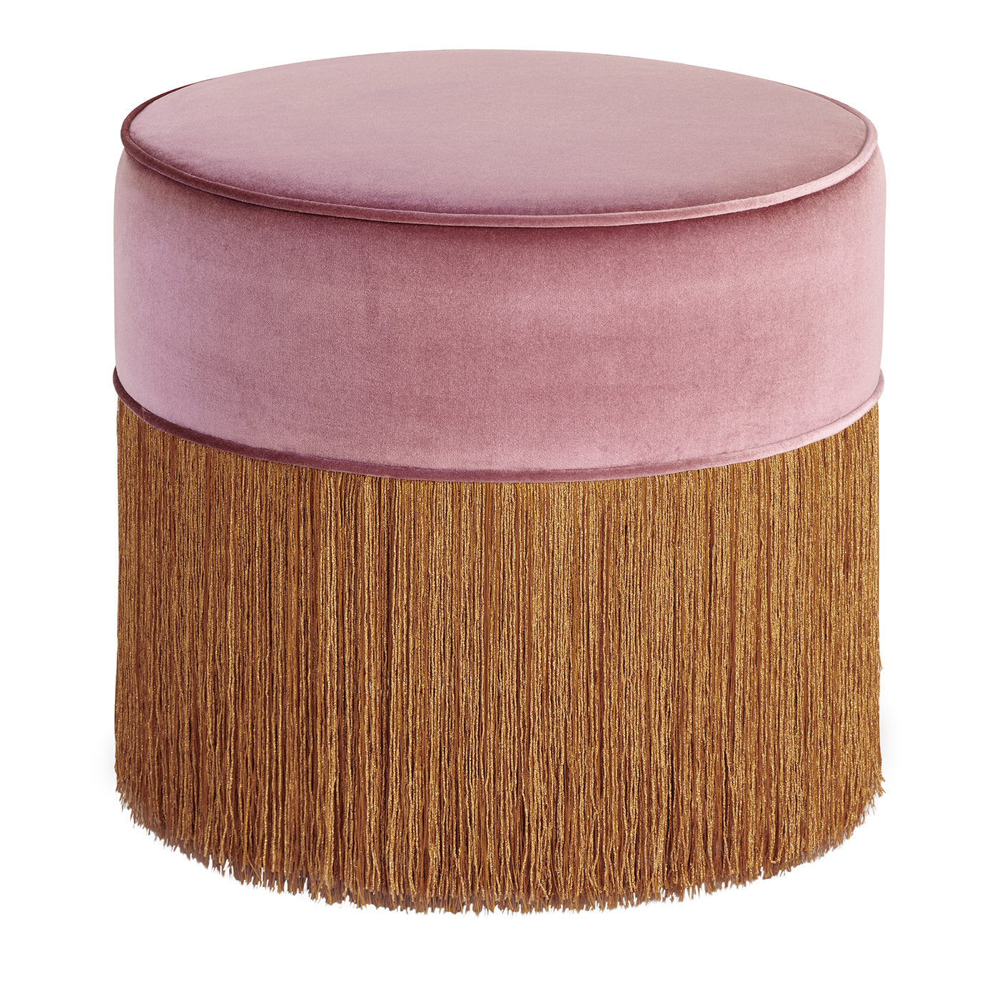 Puf de madera de haya con cilindro rosa y flecos de cobre - Vista principal