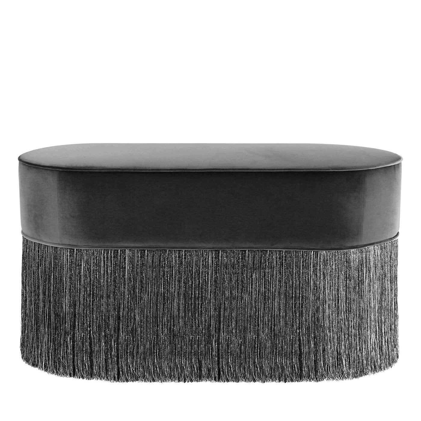 Ottomana ovale nera scintillante con frangia nera e argento - Vista principale