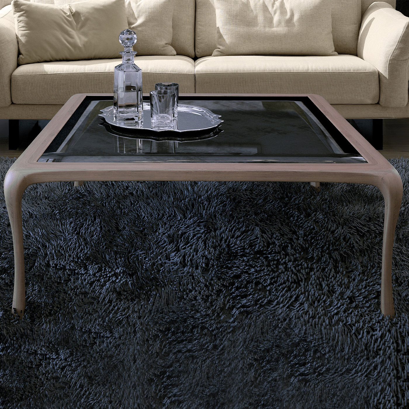 Light-Walnut Square Coffee Table with Glass Top - Alternative view 1