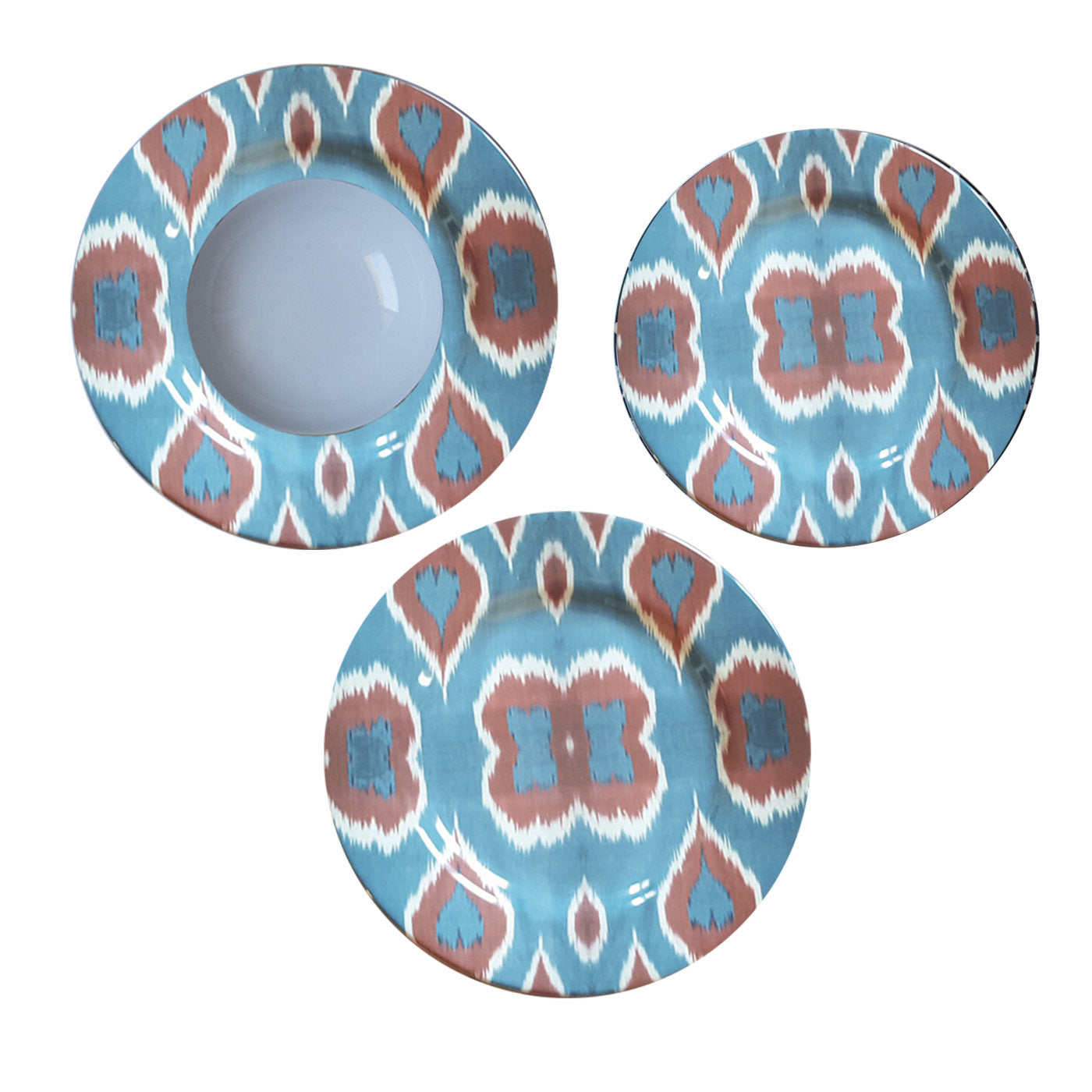 Set of Three Ikat Ceramic Plates in Blue Red and White for 1 - Main view