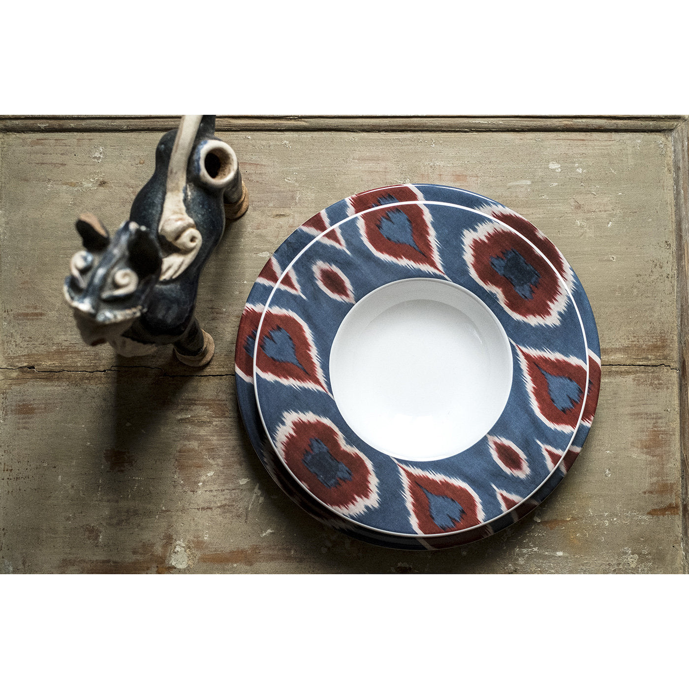 Set of Three Ikat Ceramic Plates in Blue Red and White for 1 - Alternative view 1
