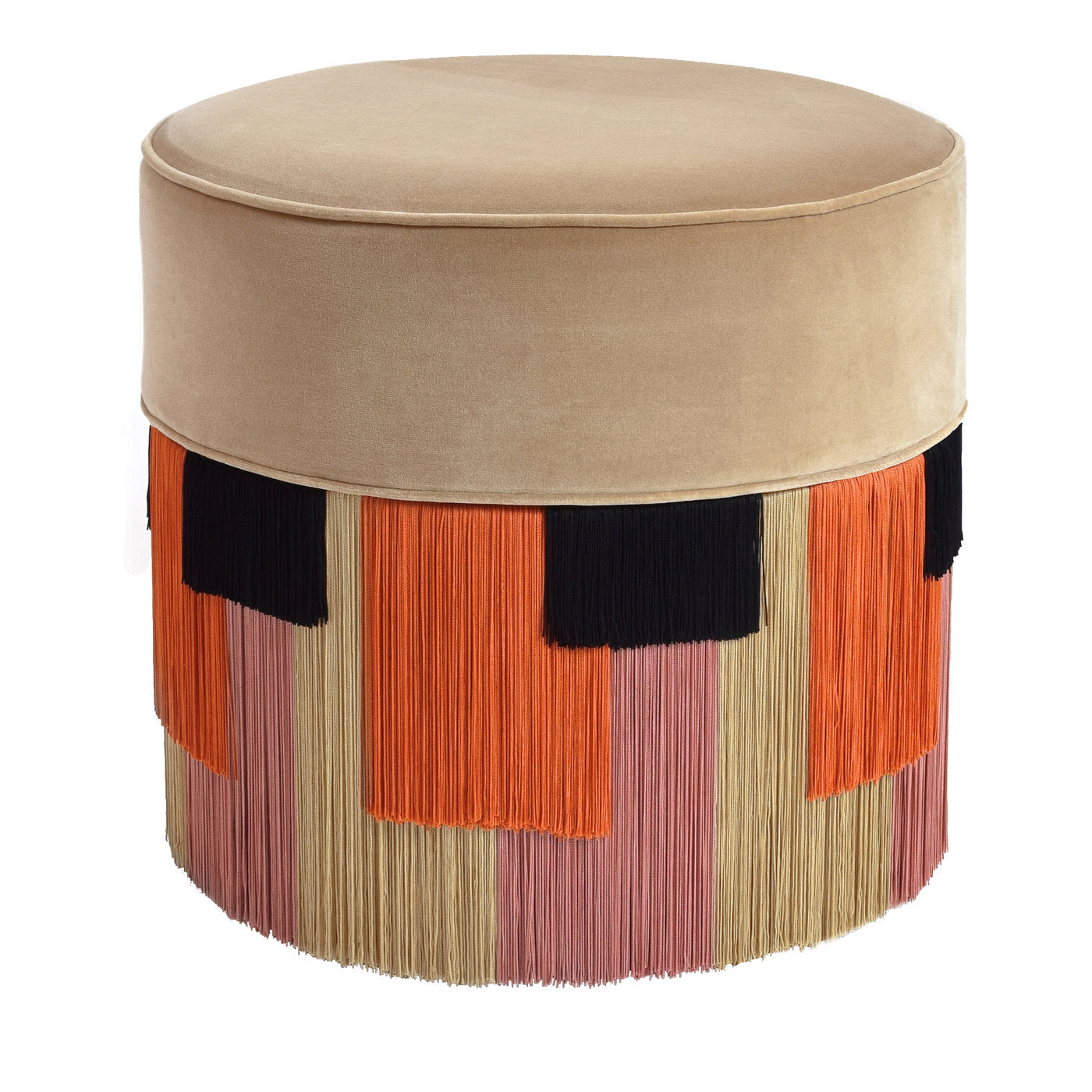 Beige Cylinde Wood Pouf with Geometric Fringe - Main view