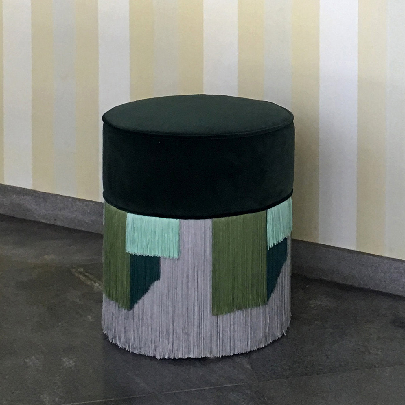 Couture Dark Green Pouf with Geometric Fringe - Alternative view 1
