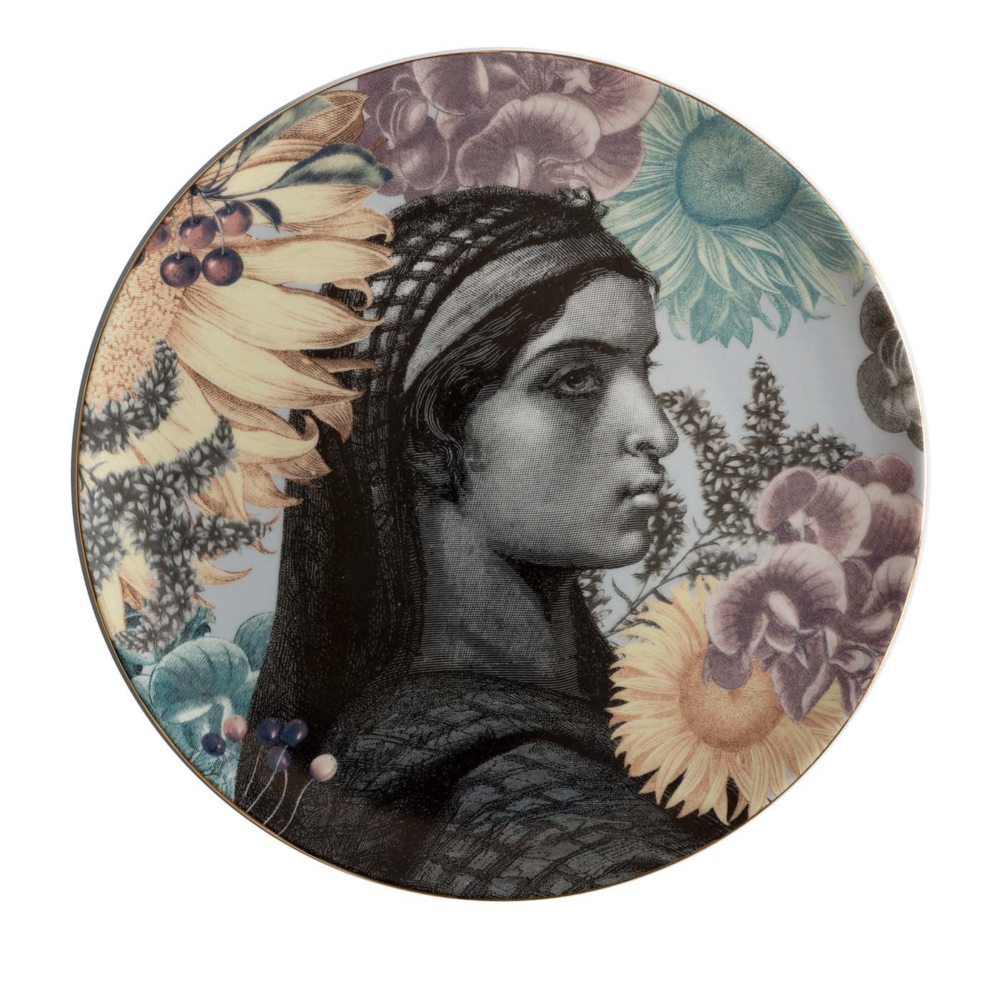 Assiette plate en porcelaine du Caire avec visage de femme et fleurs #4 - Vue principale