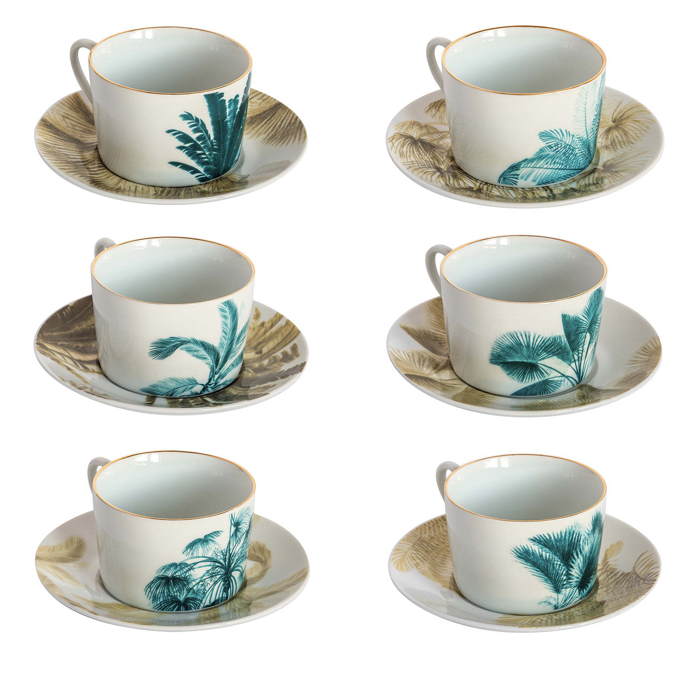 Las Palmas Set Of 6 Porcelain Tea Cups With Blue And Yellow Palms - Main view