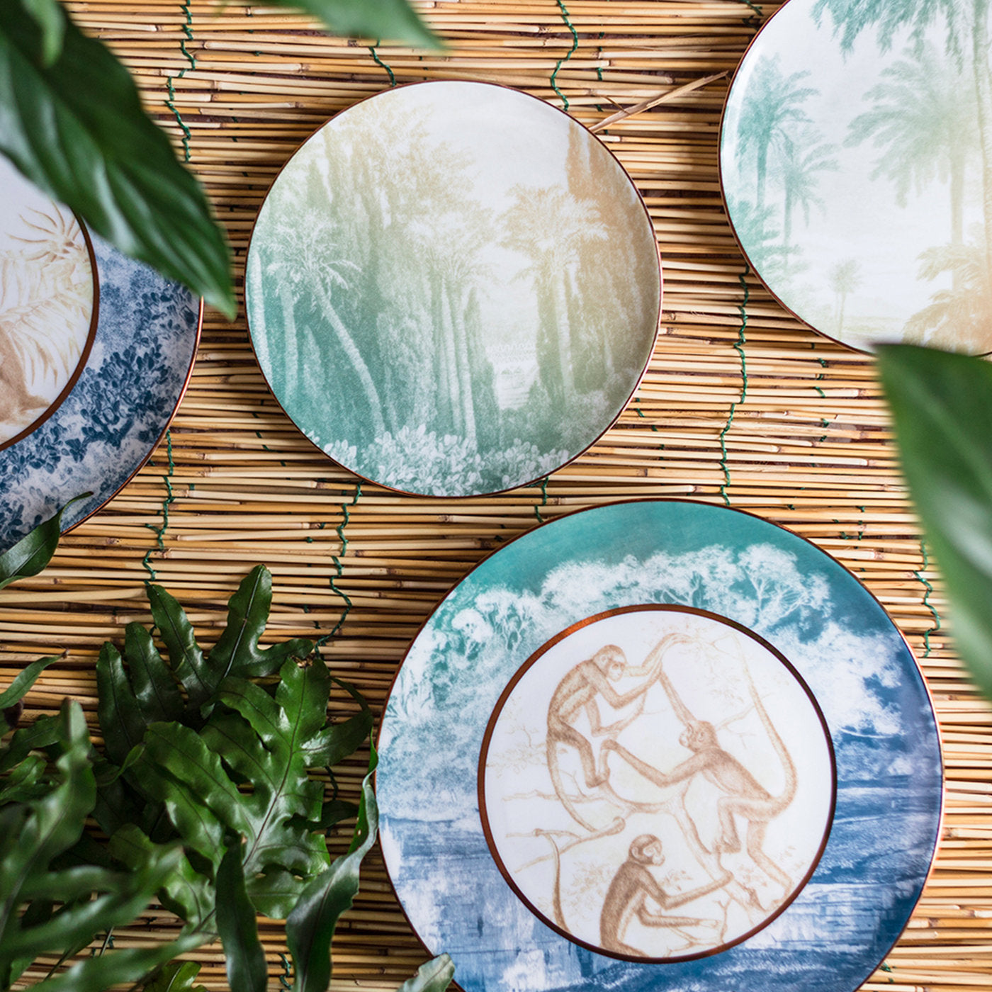 Galtaji Set Of 6 Porcelain Dinner Plates With Landscape And Monkeys - Alternative view 3