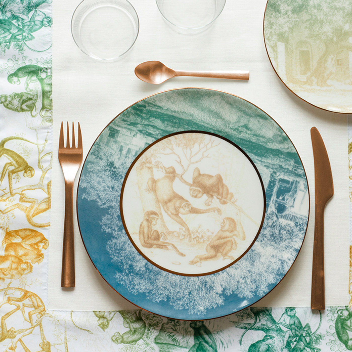 Galtaji Set Of 6 Porcelain Dinner Plates With Landscape And Monkeys - Alternative view 1