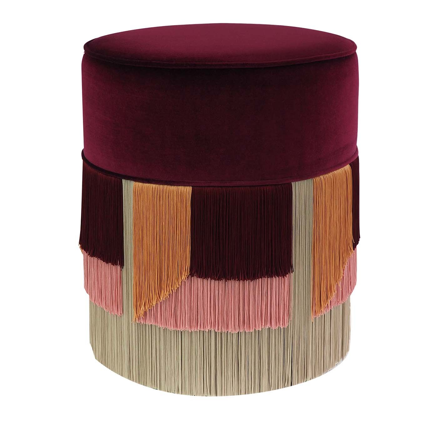 Burgundy Cylinder Wood Ottoman with Velvet Upholstery - Main view
