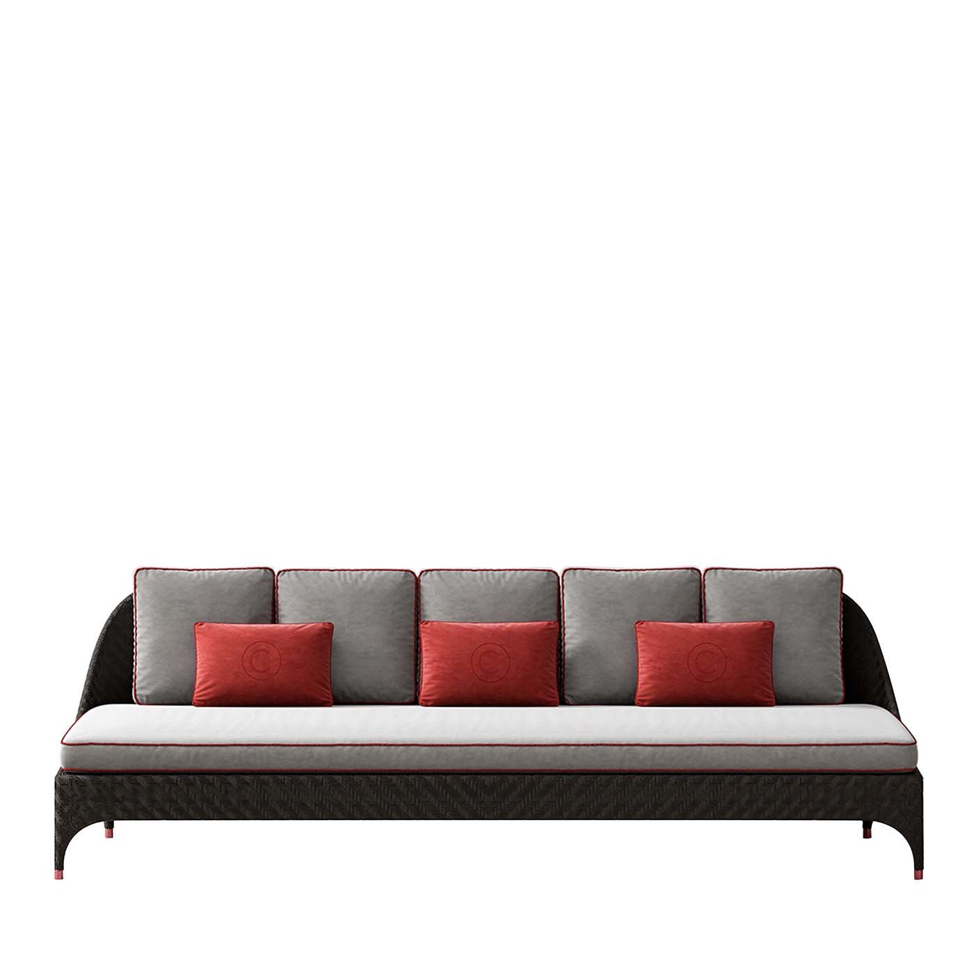 Schwarzes 3-Sitzer-Sofa mit grauen und roten Polstern - Hauptansicht