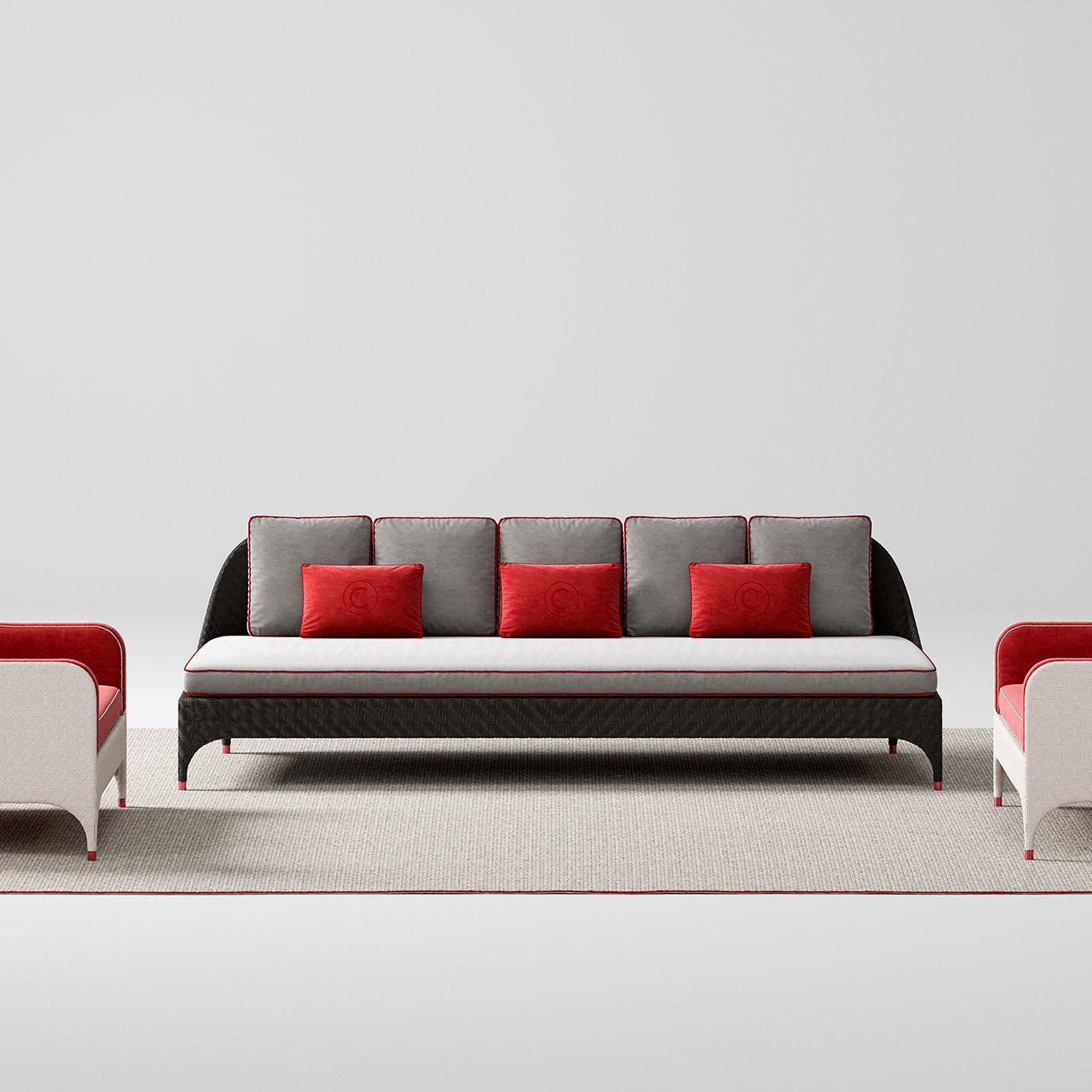 Sofá negro de 3 plazas con cojines grises y rojos - Vista alternativa 1
