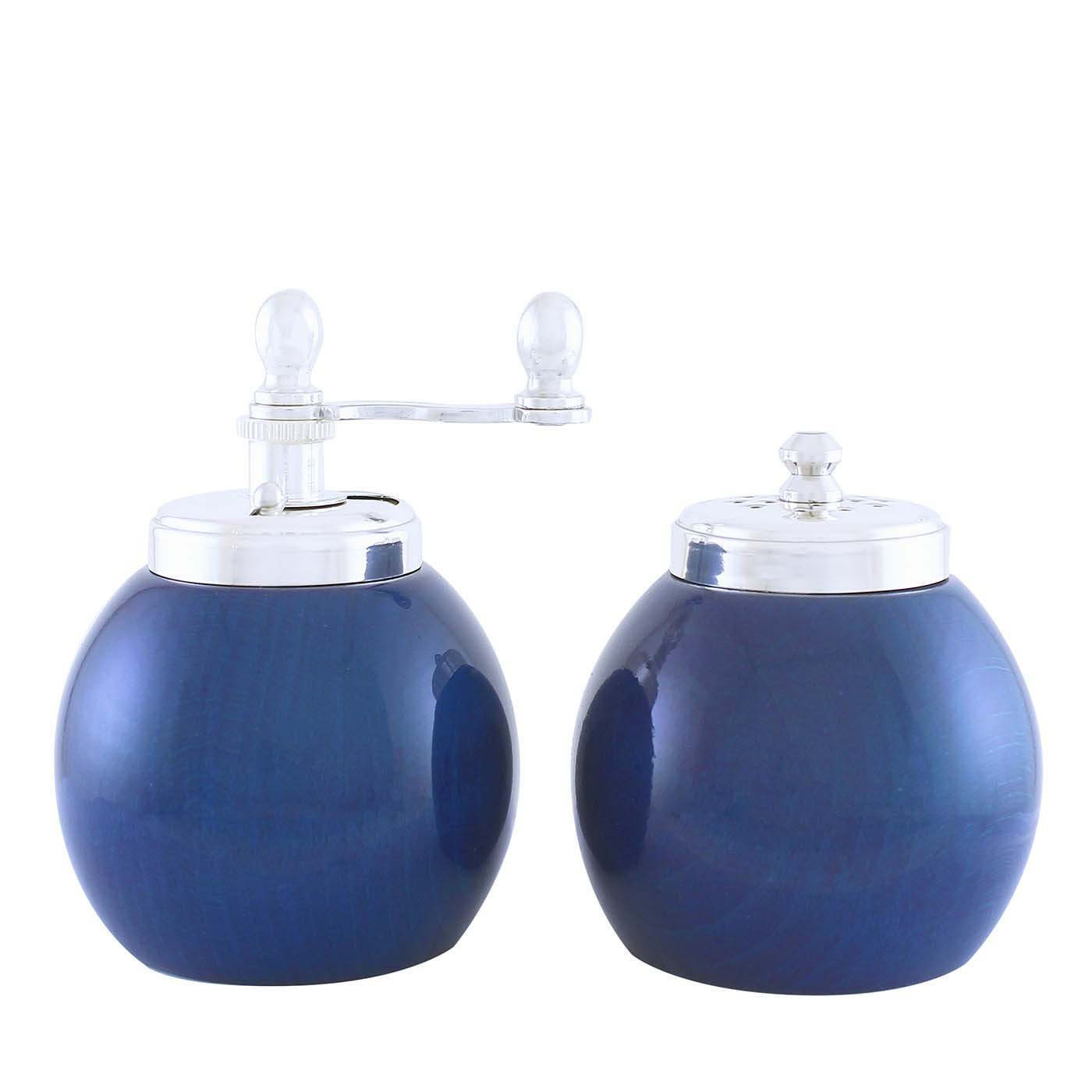 Blue Wood and Silver-Plated Brass Salt Shaker and Pepper Grinder - Main view