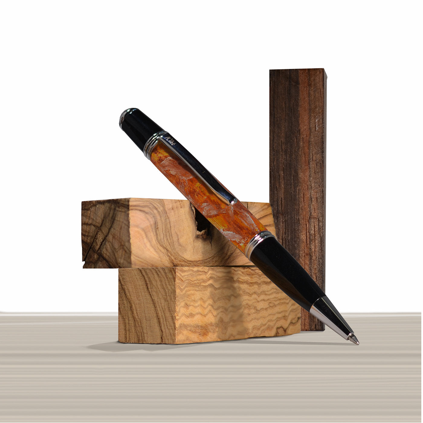 Mantinea Marbled Orange Ballpoint Pen in Olive Wood - Alternative view 2