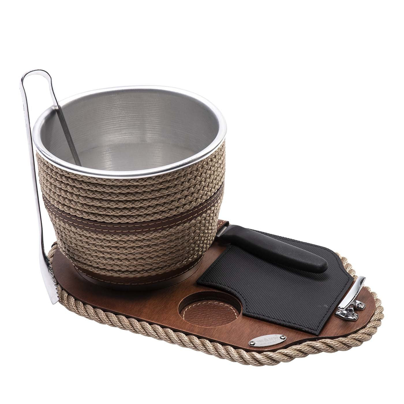Beige Ice Bucket with with Base, Tongs and Knife - Main view