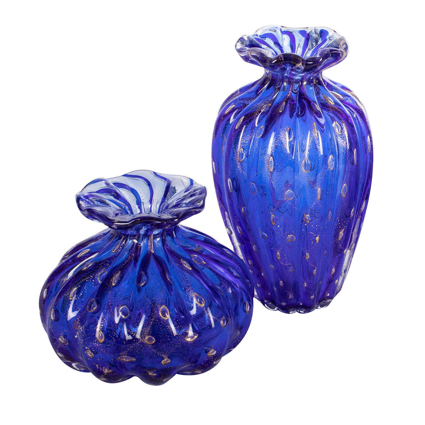 1950 Ensemble de 2 vases bleus avec bulles d'or - Vue principale