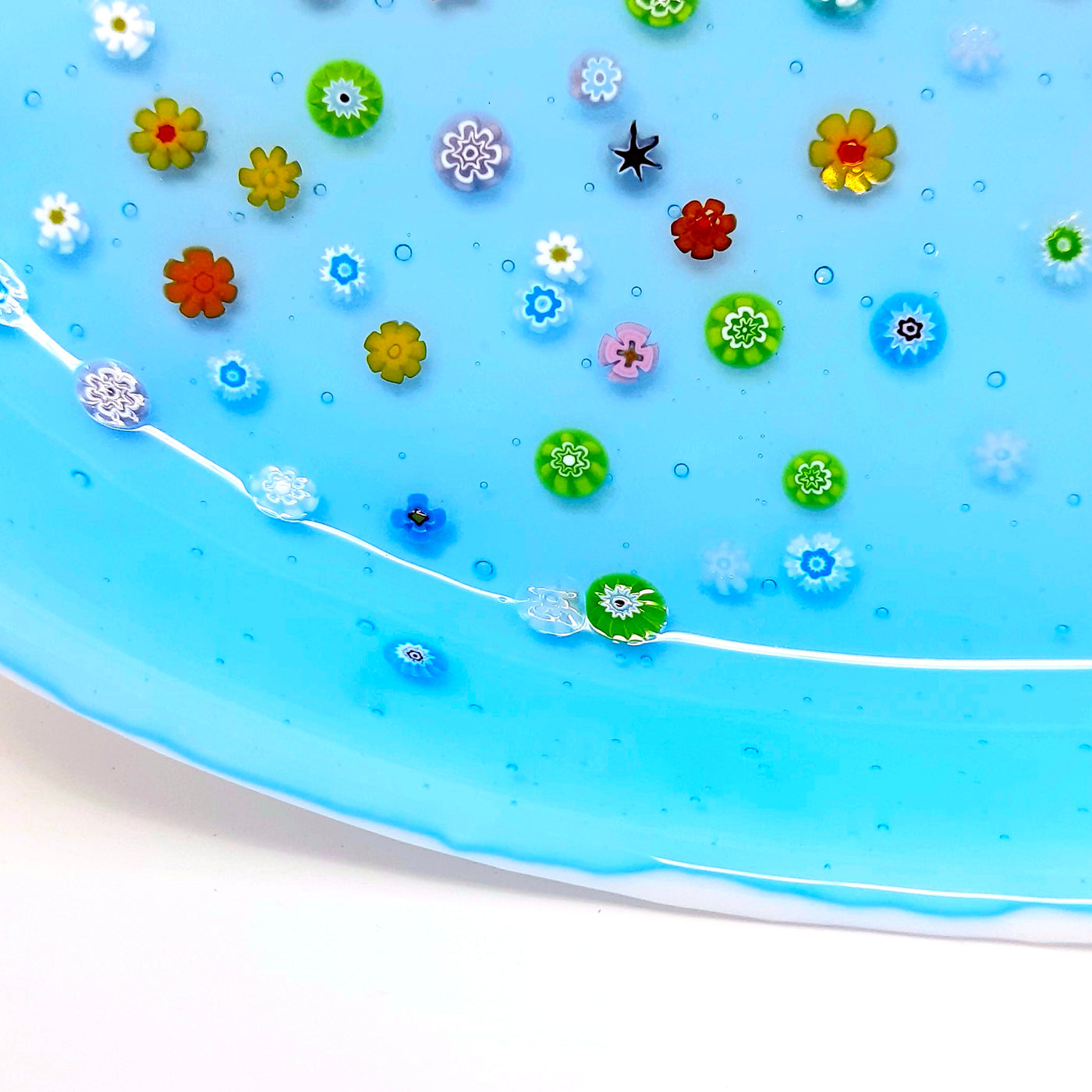 Turquoise Glass Serving Platter with Floral Murrini Inlays  - Alternative view 2