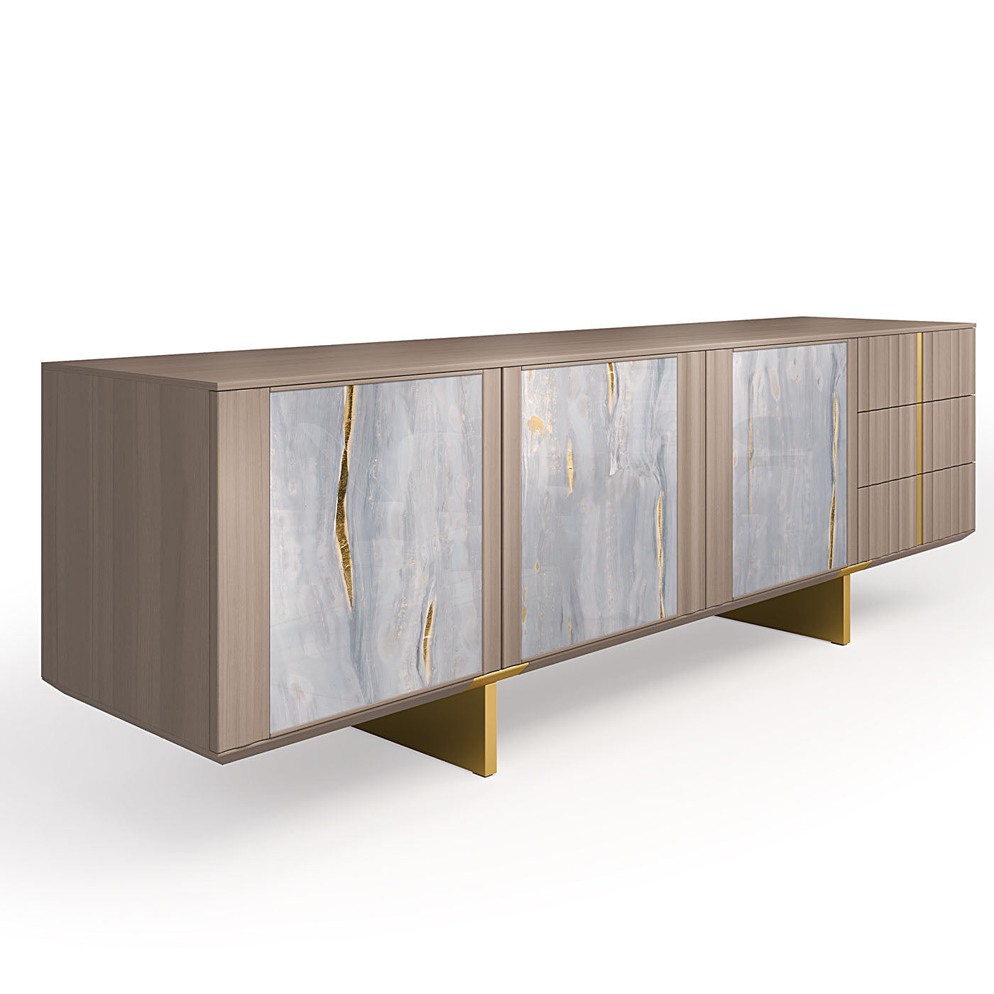 Solferino walnut Concrete top wood doors art glass gray-blue sideboard - Alternative view 1