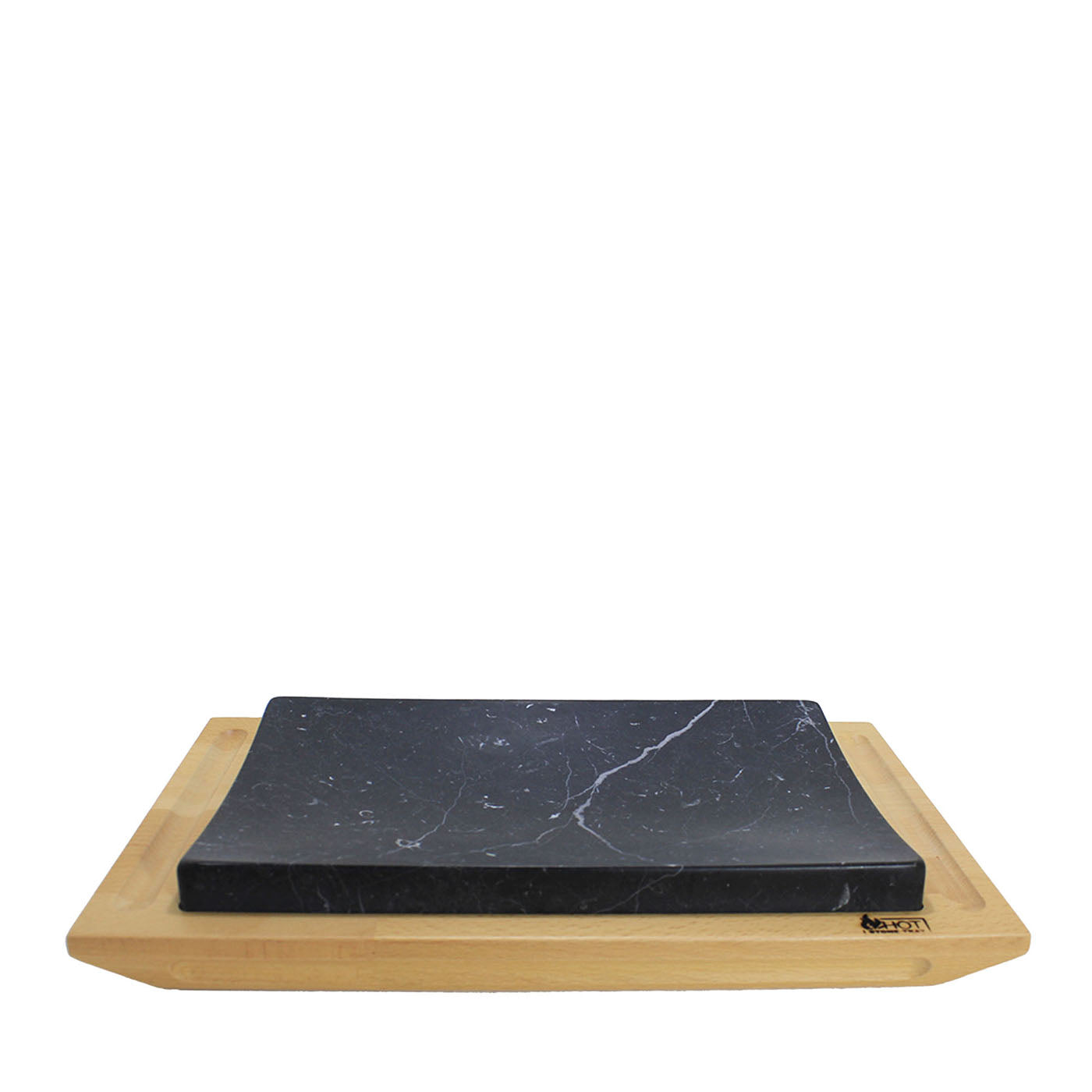 Konkaves schwarzes Marquinia-Tablett mit Holzsockel - Hauptansicht