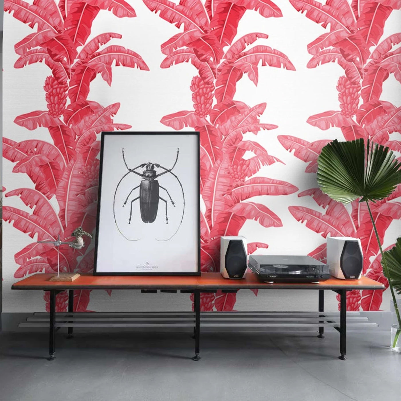 Tropische Palmenblatt-Tapete in Rot und Weiß - Alternative Ansicht 3
