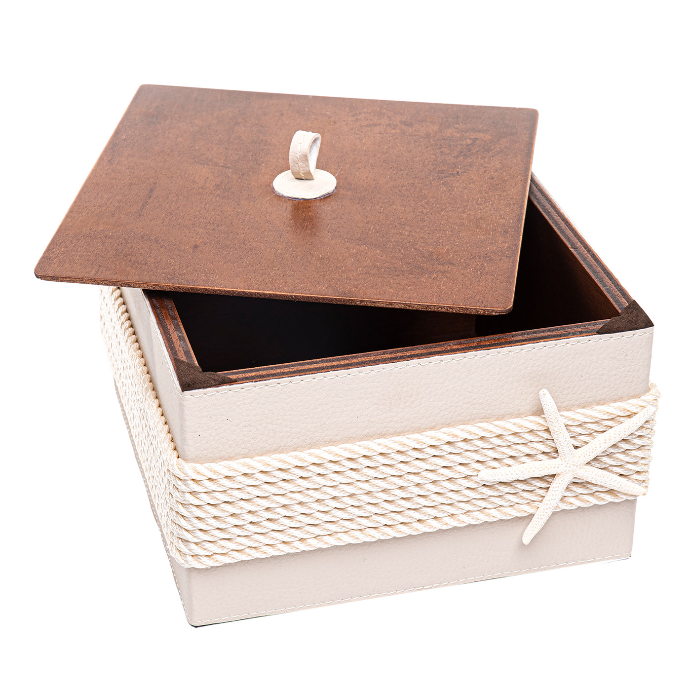 Caja con cuerda e inserciones de ecopiel color crema - Vista principal