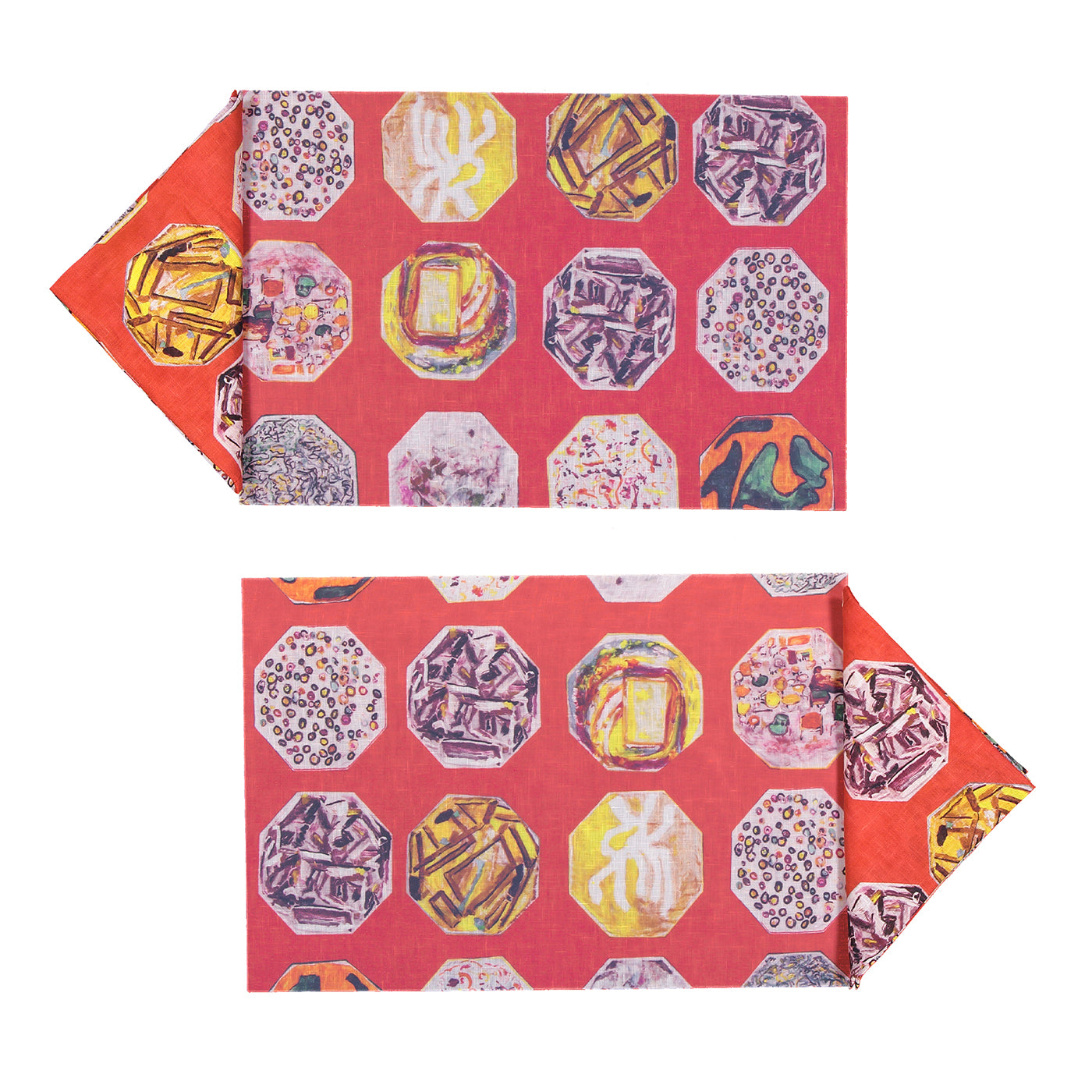 Medallions Set of 2 Rectangular Coated Red Placemats and Napkins - Main view