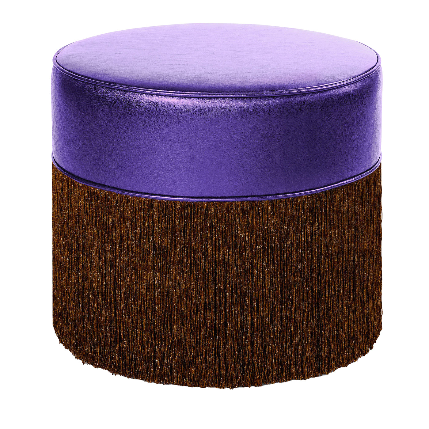 Pouf en cuir métallisé violet brillant avec franges en lurex marron - Vue principale