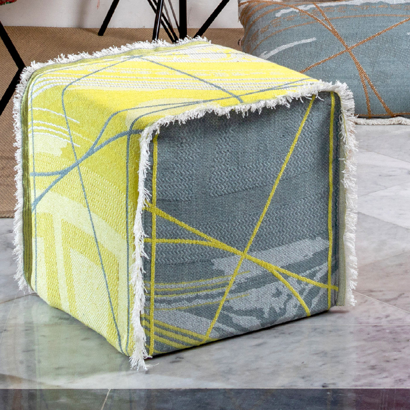 Reverso Fringed Cedar Yellow & Blue/Seaweed Green Jacquard Pouf - Alternative view 3