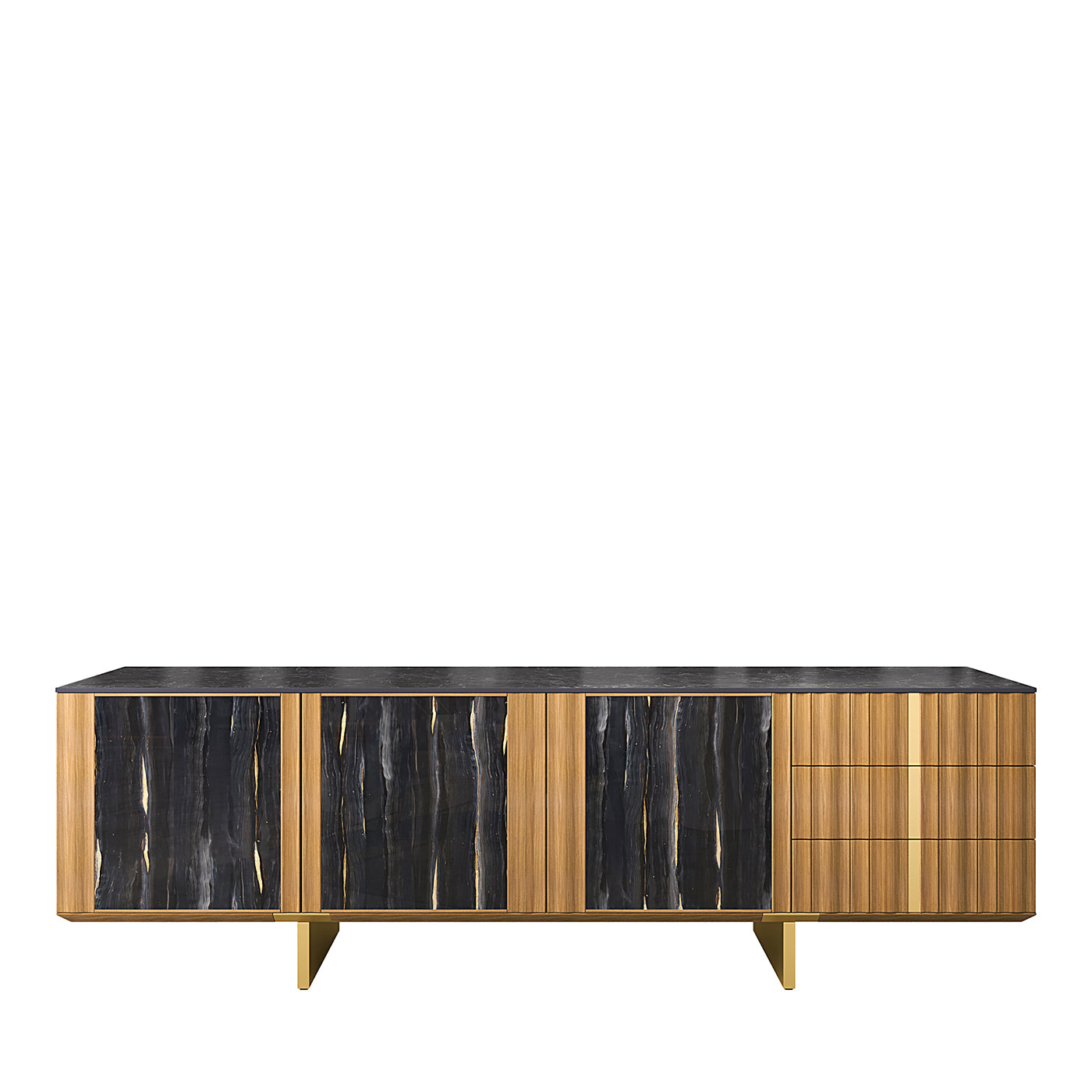 Solferino natural walnut stoneware top Nero Greco art glass doors sideboard - Main view