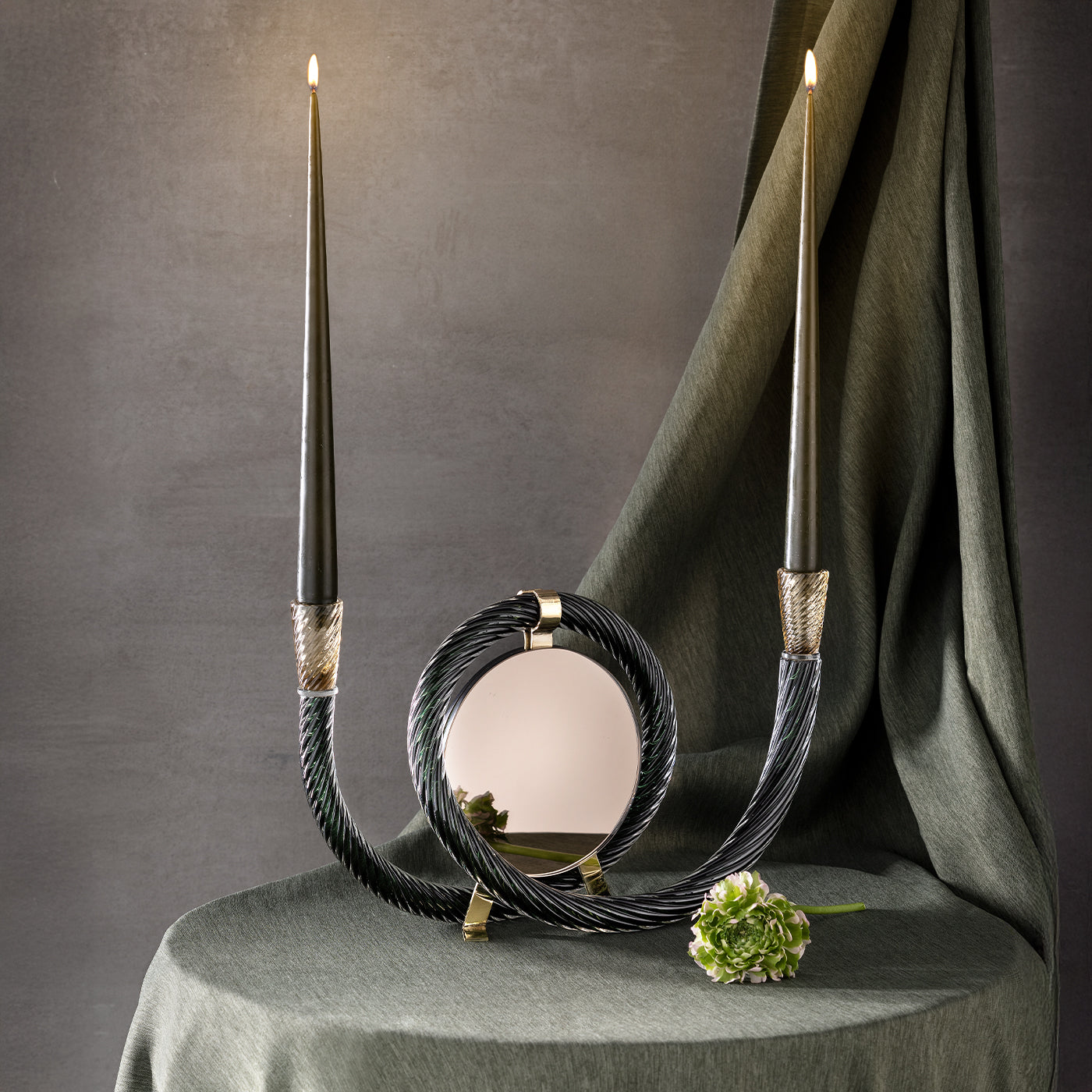 San Marco Mirroring Dark Green Murano Glass Candleholder - Alternative view 2