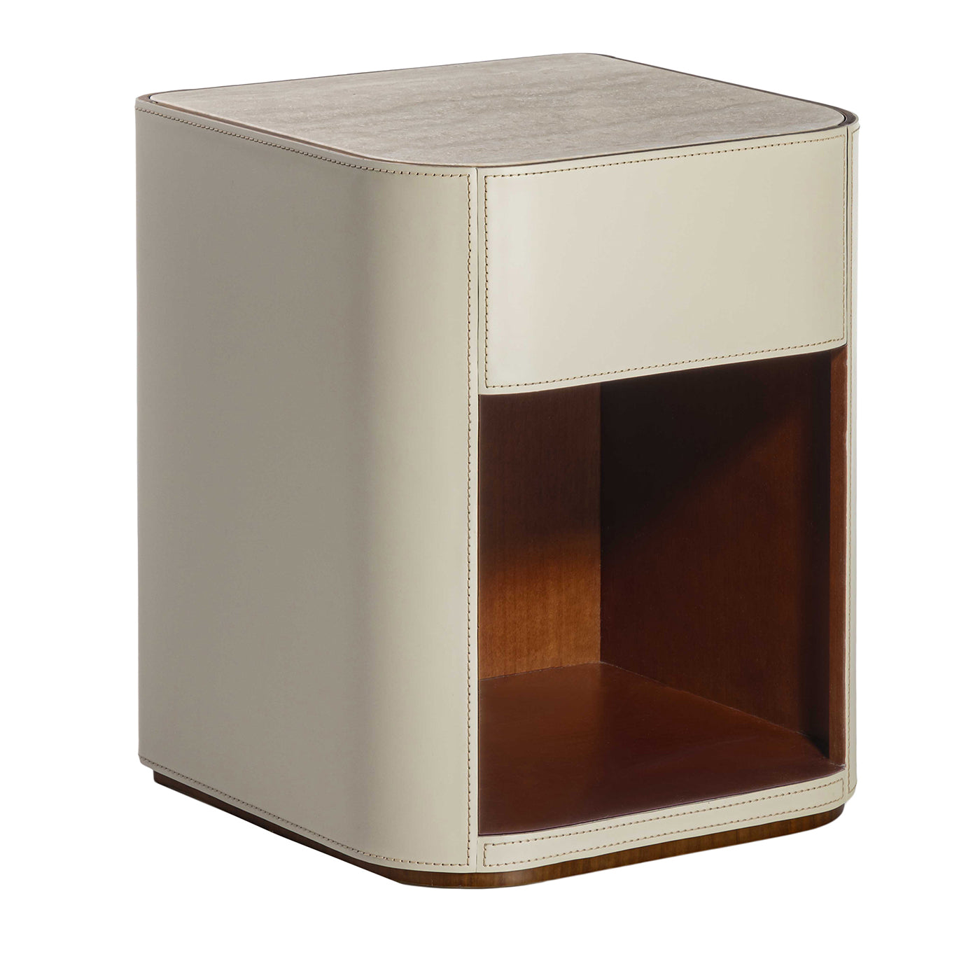 Alma 1-Drawer Beige Leather Nightstand with Travertine Marble Top - Main view